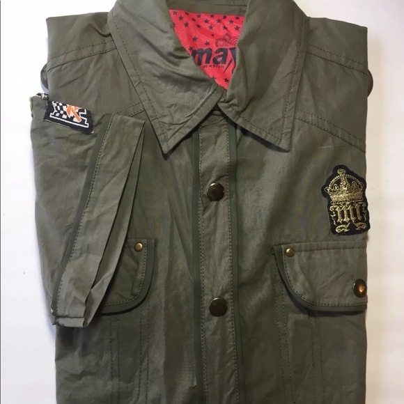 Max Men’s Short Sleeve Button Down Shirt Patched Army Green M - Picture 2 of 11